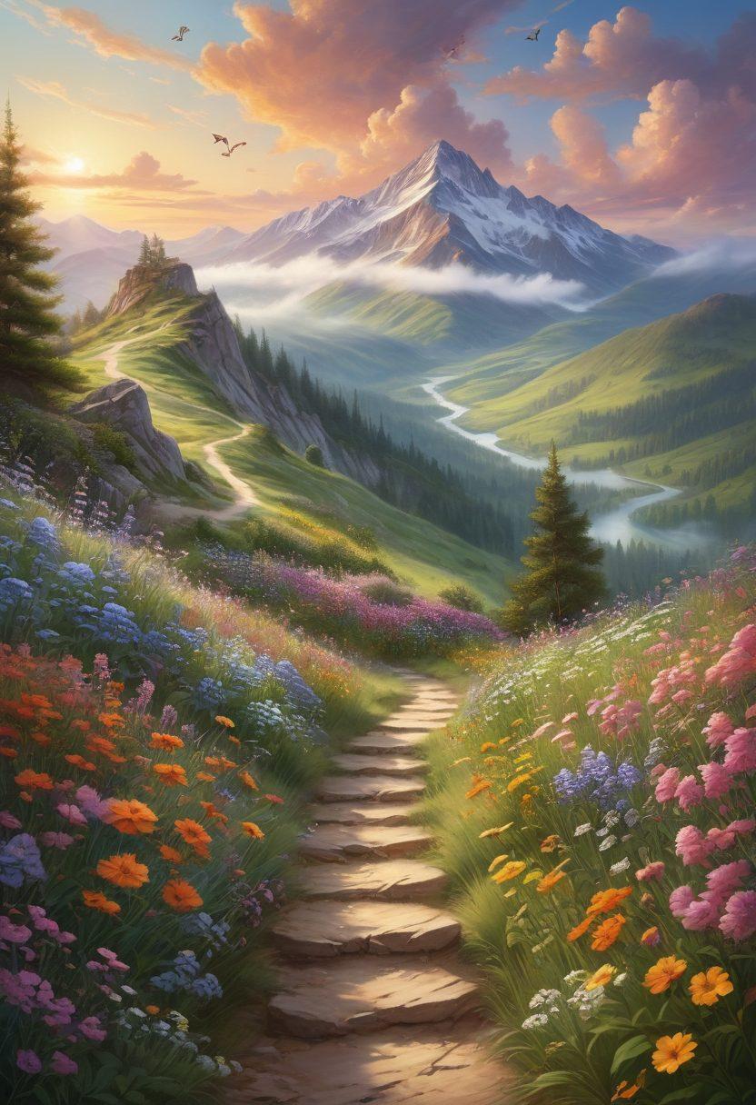 A serene environment with a person meditating on a mountaintop, rays of sunlight breaking through clouds, surrounded by nature. In the foreground, a path winding through bright wildflowers symbolizing personal growth. Include subtle, inspirational symbols like butterflies and upward arrows. The colors should be soft yet vibrant, evoking a sense of peace and motivation. painting. vibrant colors. natural scenery.