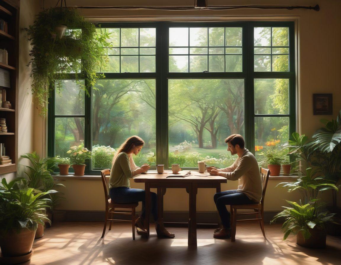 A warm and inviting scene of two people in a cozy café, engaged in a heartfelt conversation, surrounded by plants and soft lighting. Include elements like steaming coffee cups and open notebooks, symbolizing support and communication. In the background, a window reveals a peaceful park, representing growth and connection. The atmosphere should evoke feelings of warmth, trust, and understanding. super-realistic. vibrant colors. soft focus.